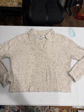 William Rast Cream Speckled V-Neck Collared Sweater